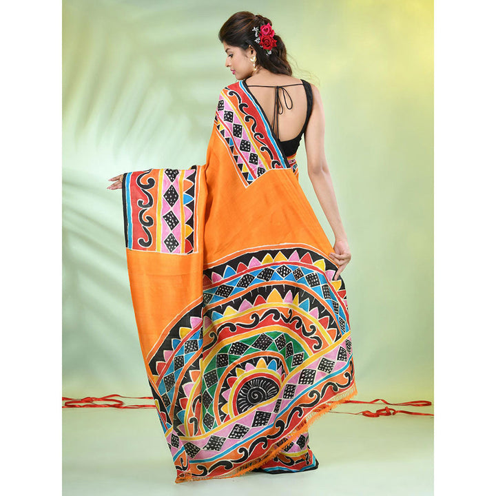 CHARUKRITI Orange Floral Hand Painted Pure Silk Soft Saree with Unstitched Blouse