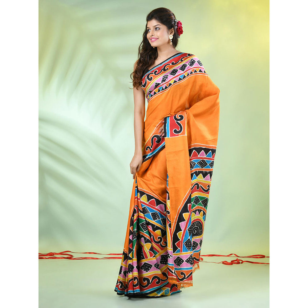 CHARUKRITI Orange Floral Hand Painted Pure Silk Soft Saree with Unstitched Blouse