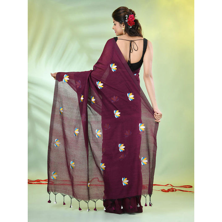 CHARUKRITI Wine Thread Embroidery Cotton Handspun Saree with Unstitched Blouse