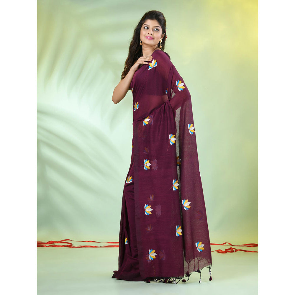 CHARUKRITI Wine Thread Embroidery Cotton Handspun Saree with Unstitched Blouse