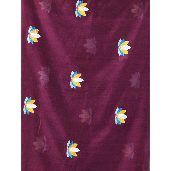 CHARUKRITI Wine Thread Embroidery Cotton Handspun Saree with Unstitched Blouse