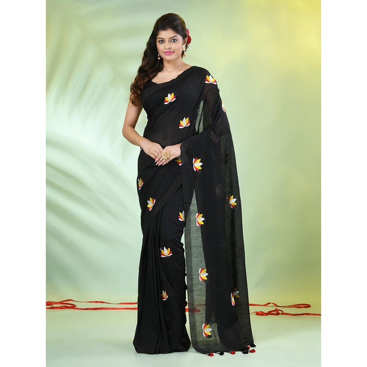 CHARUKRITI Black Thread Embroidery Cotton Handspun Saree with Unstitched Blouse