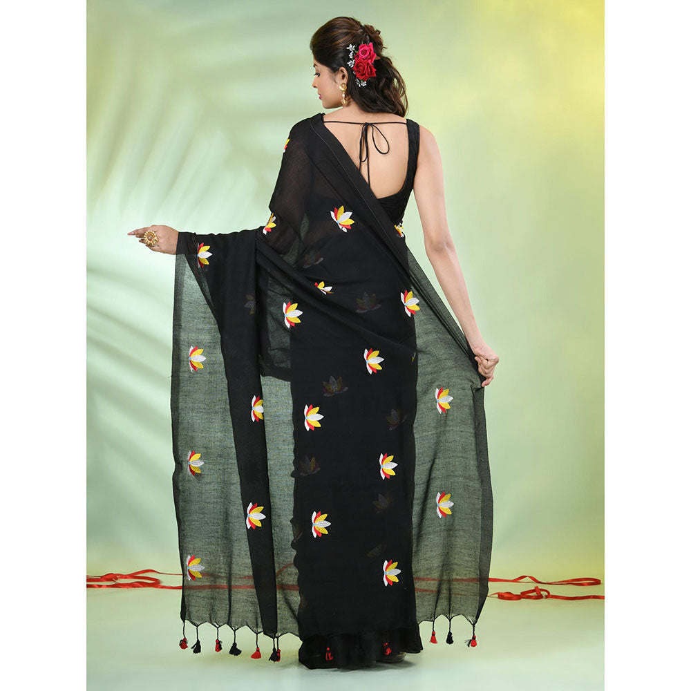 CHARUKRITI Black Thread Embroidery Cotton Handspun Saree with Unstitched Blouse