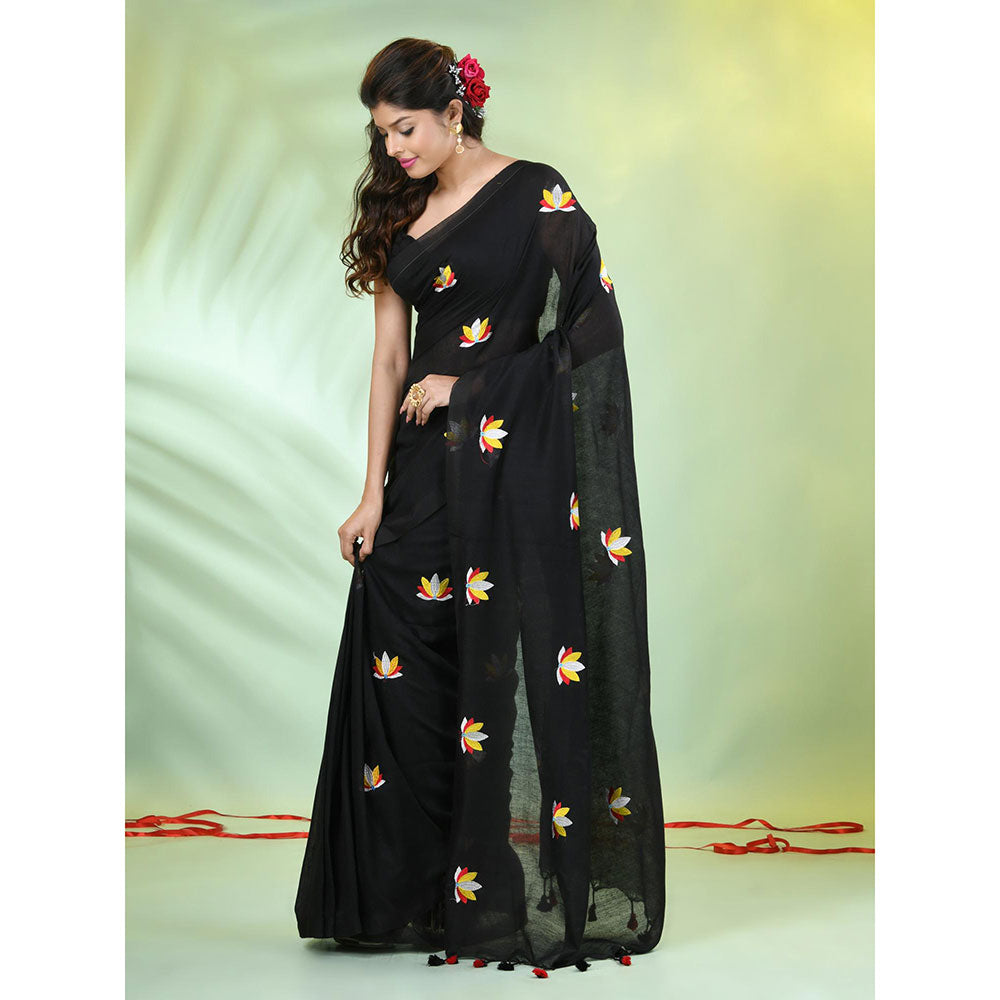 CHARUKRITI Black Thread Embroidery Cotton Handspun Saree with Unstitched Blouse