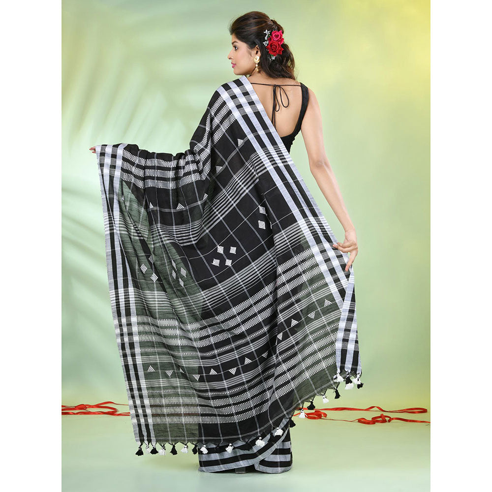 CHARUKRITI Black Cotton Checkbox Woven Design Saree with Unstitched Blouse