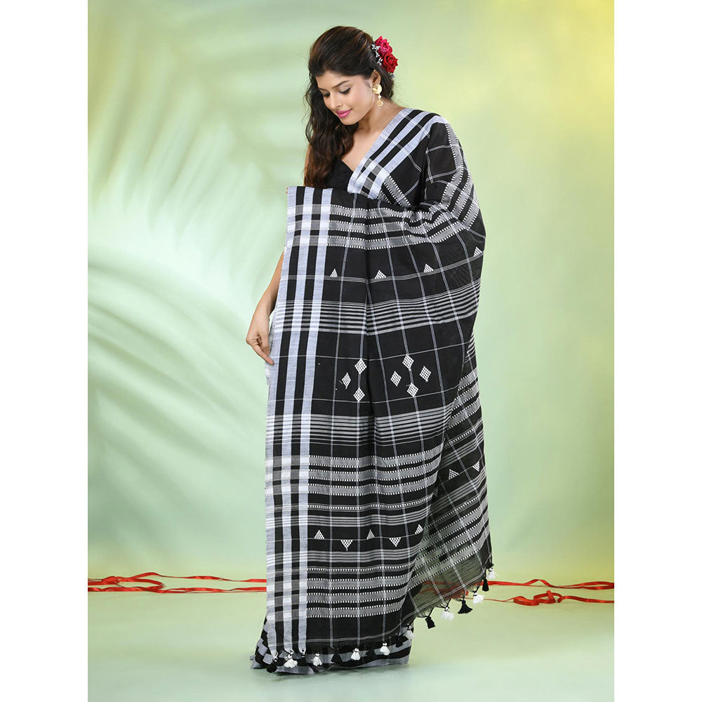 CHARUKRITI Black Cotton Checkbox Woven Design Saree with Unstitched Blouse