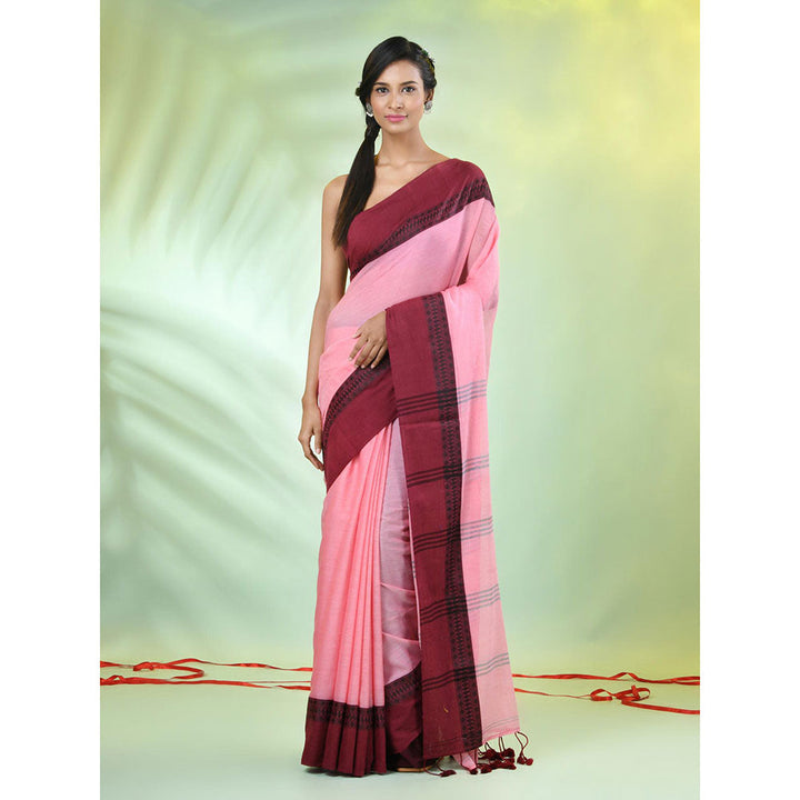 CHARUKRITI Pink Solid Cotton Contrasted Woven Borders Saree with Unstitched Blouse