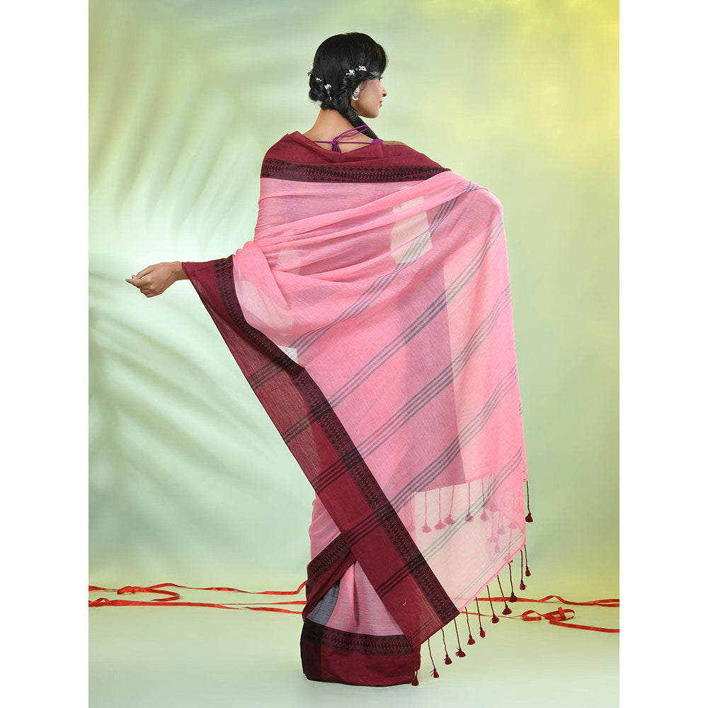 CHARUKRITI Pink Solid Cotton Contrasted Woven Borders Saree with Unstitched Blouse