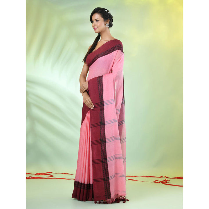 CHARUKRITI Pink Solid Cotton Contrasted Woven Borders Saree with Unstitched Blouse