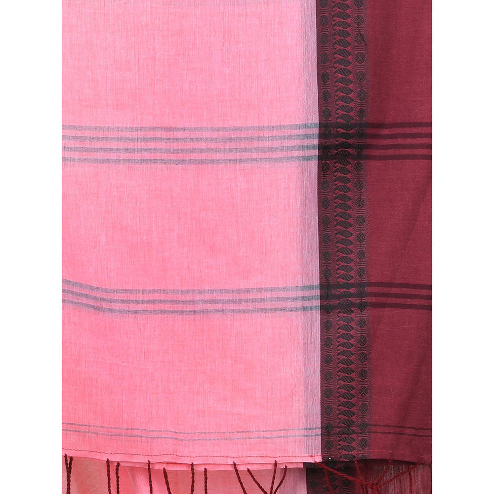 CHARUKRITI Pink Solid Cotton Contrasted Woven Borders Saree with Unstitched Blouse