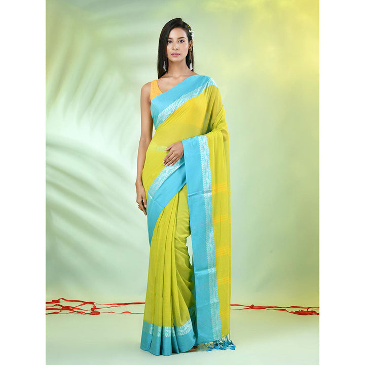 CHARUKRITI Lime Green Solid Cotton Contrasted Woven Borders Saree with Unstitched Blouse