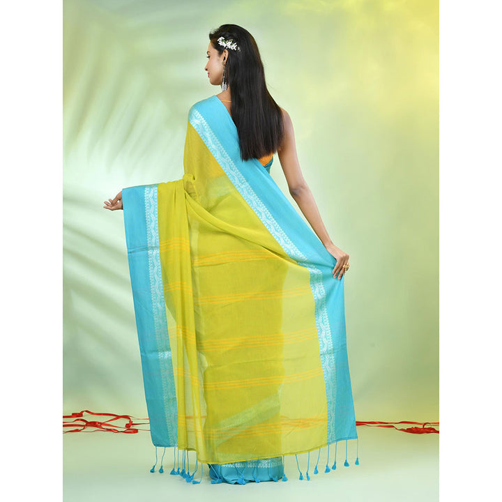 CHARUKRITI Lime Green Solid Cotton Contrasted Woven Borders Saree with Unstitched Blouse