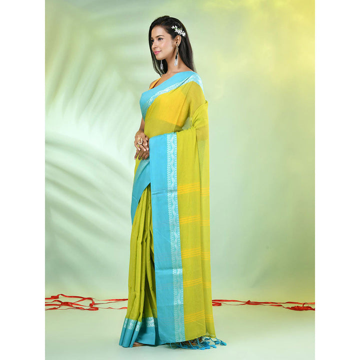 CHARUKRITI Lime Green Solid Cotton Contrasted Woven Borders Saree with Unstitched Blouse