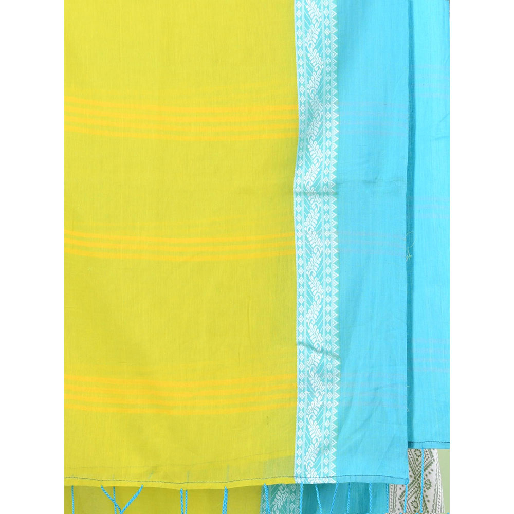 CHARUKRITI Lime Green Solid Cotton Contrasted Woven Borders Saree with Unstitched Blouse