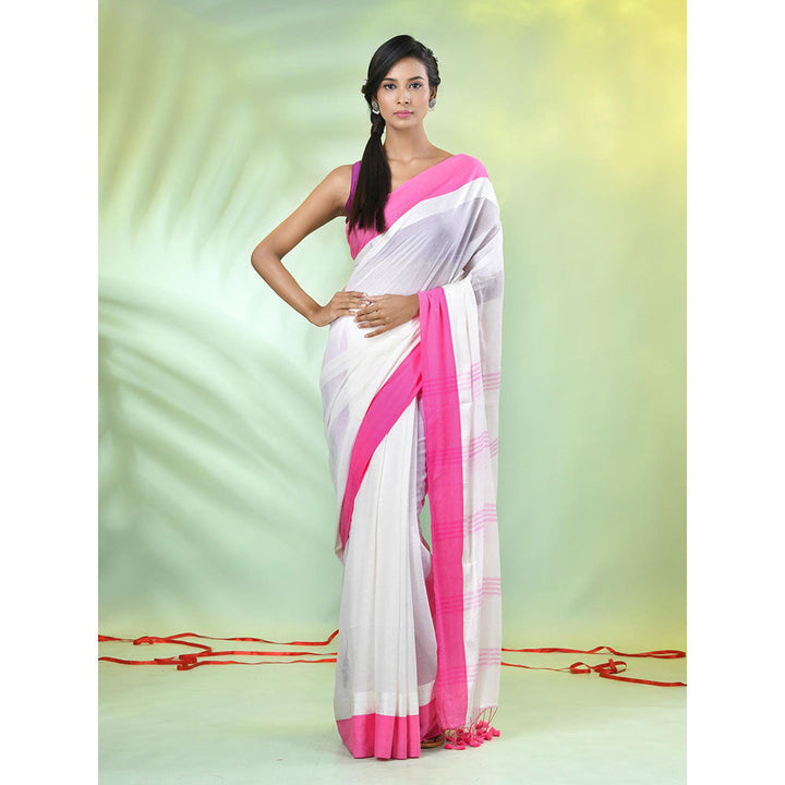 CHARUKRITI White Solid Cotton Contrasted Woven Borders Saree with Unstitched Blouse