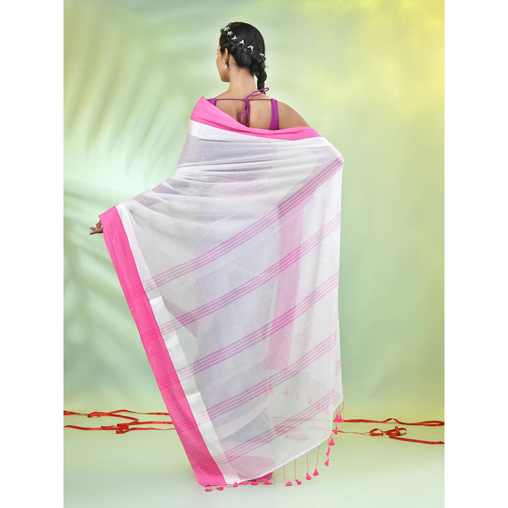 CHARUKRITI White Solid Cotton Contrasted Woven Borders Saree with Unstitched Blouse