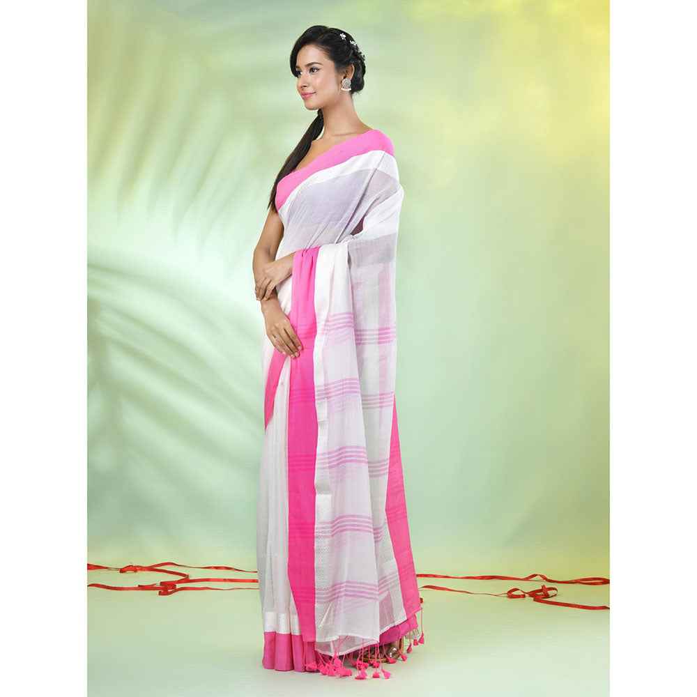 CHARUKRITI White Solid Cotton Contrasted Woven Borders Saree with Unstitched Blouse