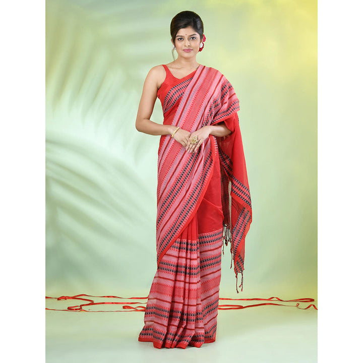 CHARUKRITI Red Cotton Soft Woven Nakshi Borders Saree with Unstitched Blouse