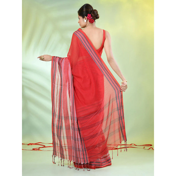 CHARUKRITI Red Cotton Soft Woven Nakshi Borders Saree with Unstitched Blouse