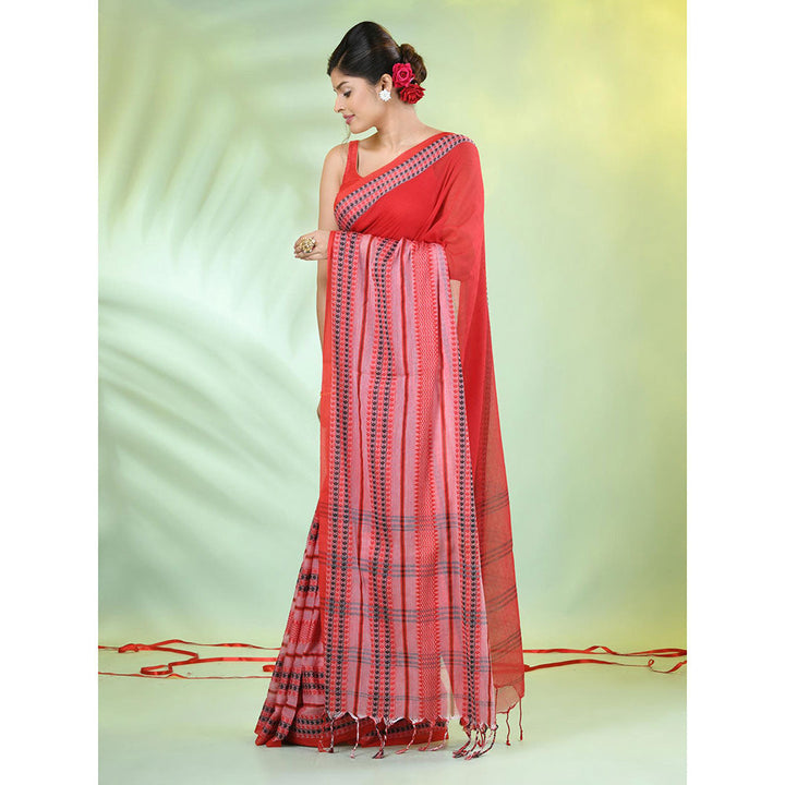 CHARUKRITI Red Cotton Soft Woven Nakshi Borders Saree with Unstitched Blouse