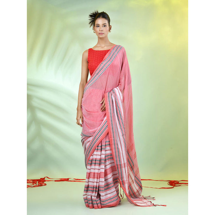 CHARUKRITI Peach Cotton Soft Woven Nakshi Borders Saree with Unstitched Blouse