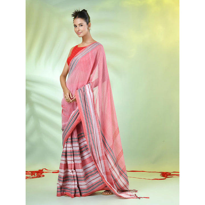 CHARUKRITI Peach Cotton Soft Woven Nakshi Borders Saree with Unstitched Blouse