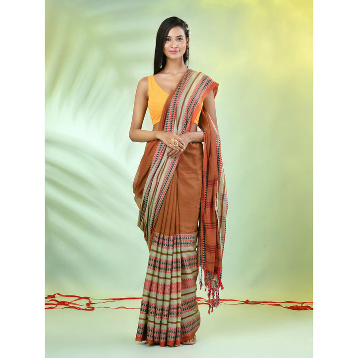 CHARUKRITI Brown Cotton Soft Woven Nakshi Borders Saree with Unstitched Blouse