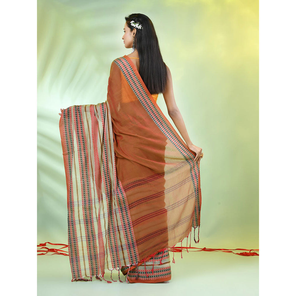 CHARUKRITI Brown Cotton Soft Woven Nakshi Borders Saree with Unstitched Blouse