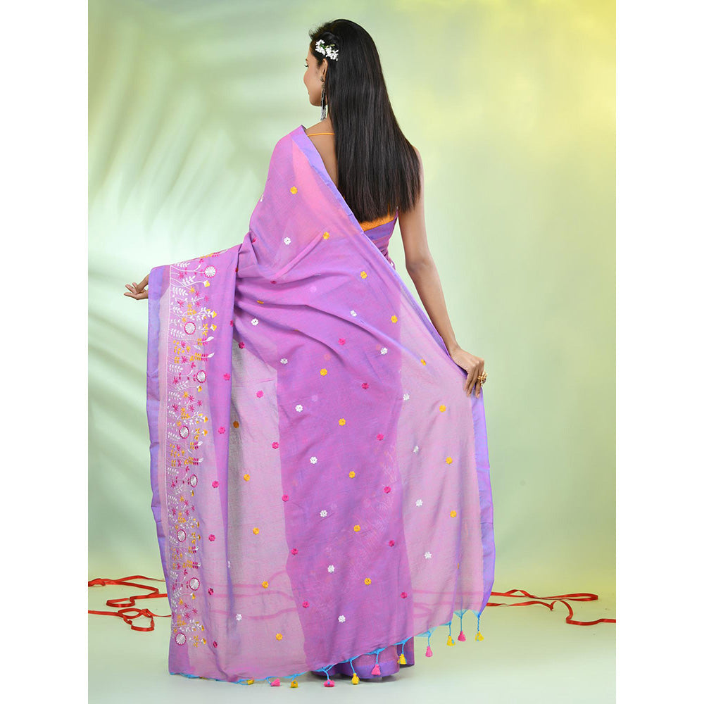 CHARUKRITI Light Purple Floral Embroidery Cotton Saree with Unstitched Blouse