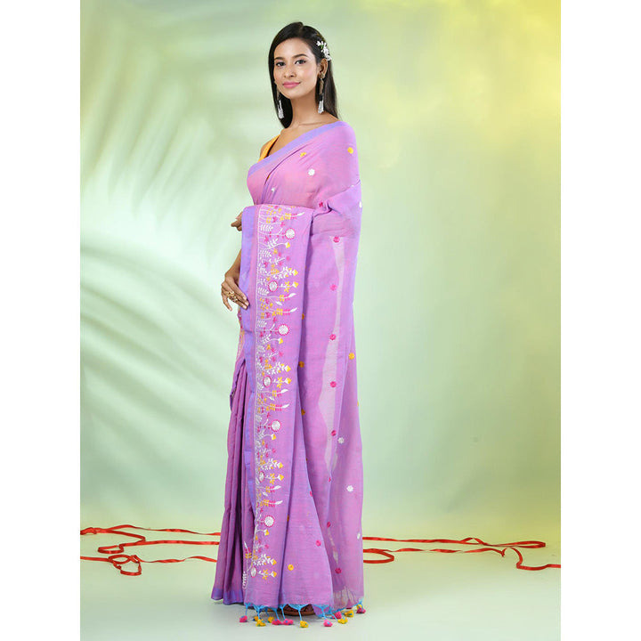 CHARUKRITI Light Purple Floral Embroidery Cotton Saree with Unstitched Blouse