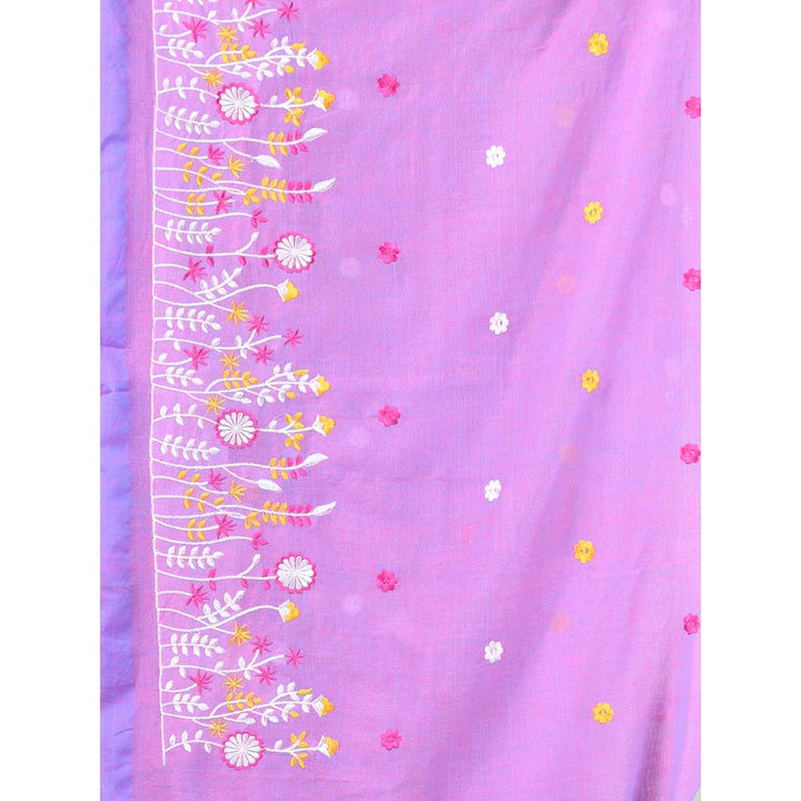 CHARUKRITI Light Purple Floral Embroidery Cotton Saree with Unstitched Blouse