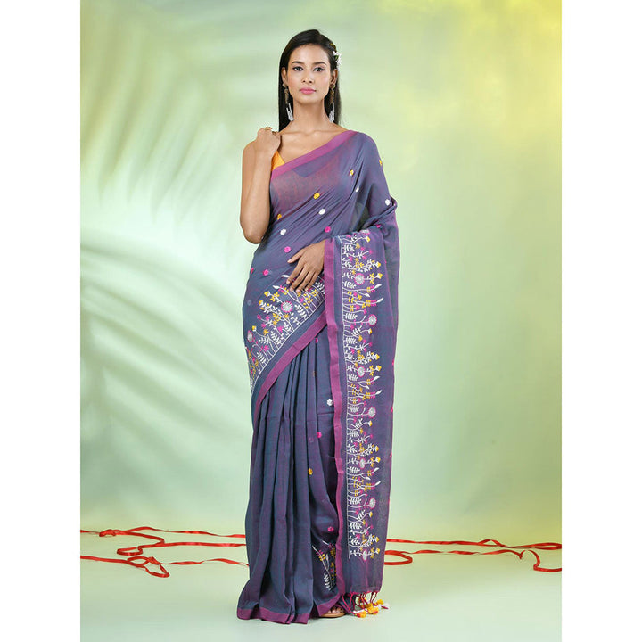 CHARUKRITI Grey Floral Embroidery Cotton Saree with Unstitched Blouse