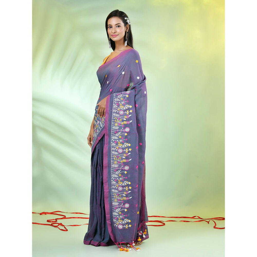 CHARUKRITI Grey Floral Embroidery Cotton Saree with Unstitched Blouse