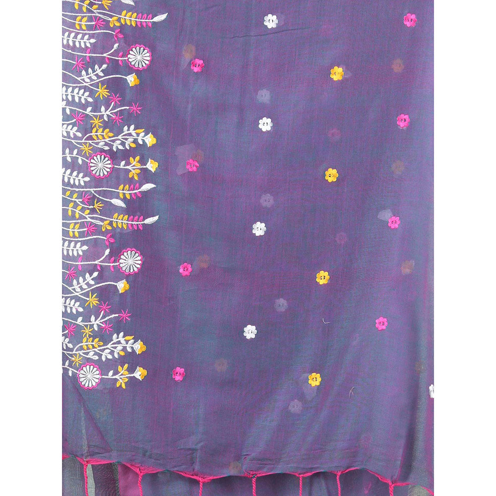 CHARUKRITI Grey Floral Embroidery Cotton Saree with Unstitched Blouse