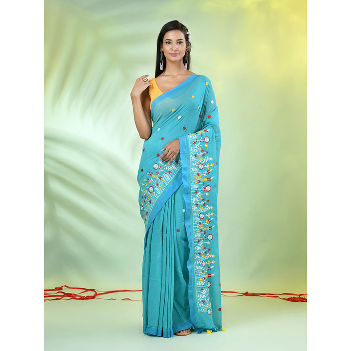 CHARUKRITI Sky Blue Floral Embroidery Cotton Saree with Unstitched Blouse