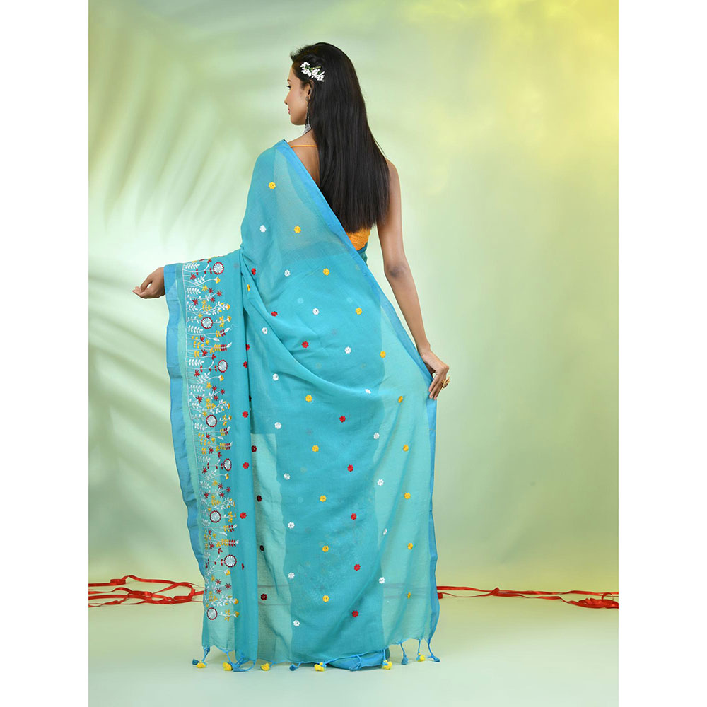 CHARUKRITI Sky Blue Floral Embroidery Cotton Saree with Unstitched Blouse