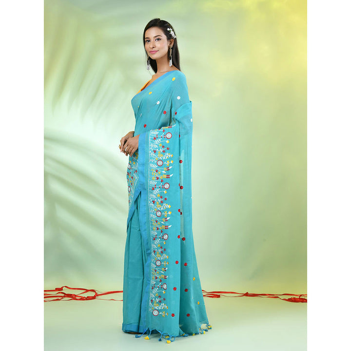 CHARUKRITI Sky Blue Floral Embroidery Cotton Saree with Unstitched Blouse