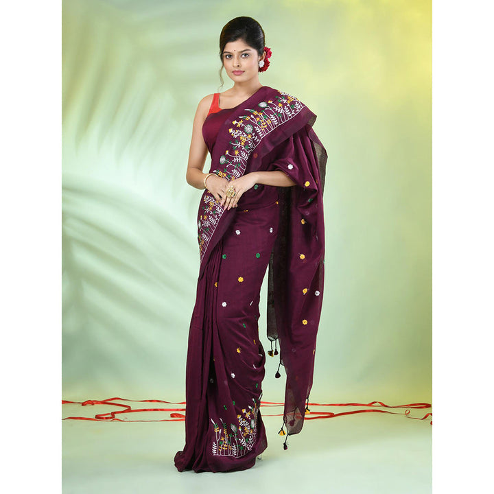 CHARUKRITI Burny Burgundy Floral Embroidery Cotton Saree with Unstitched Blouse