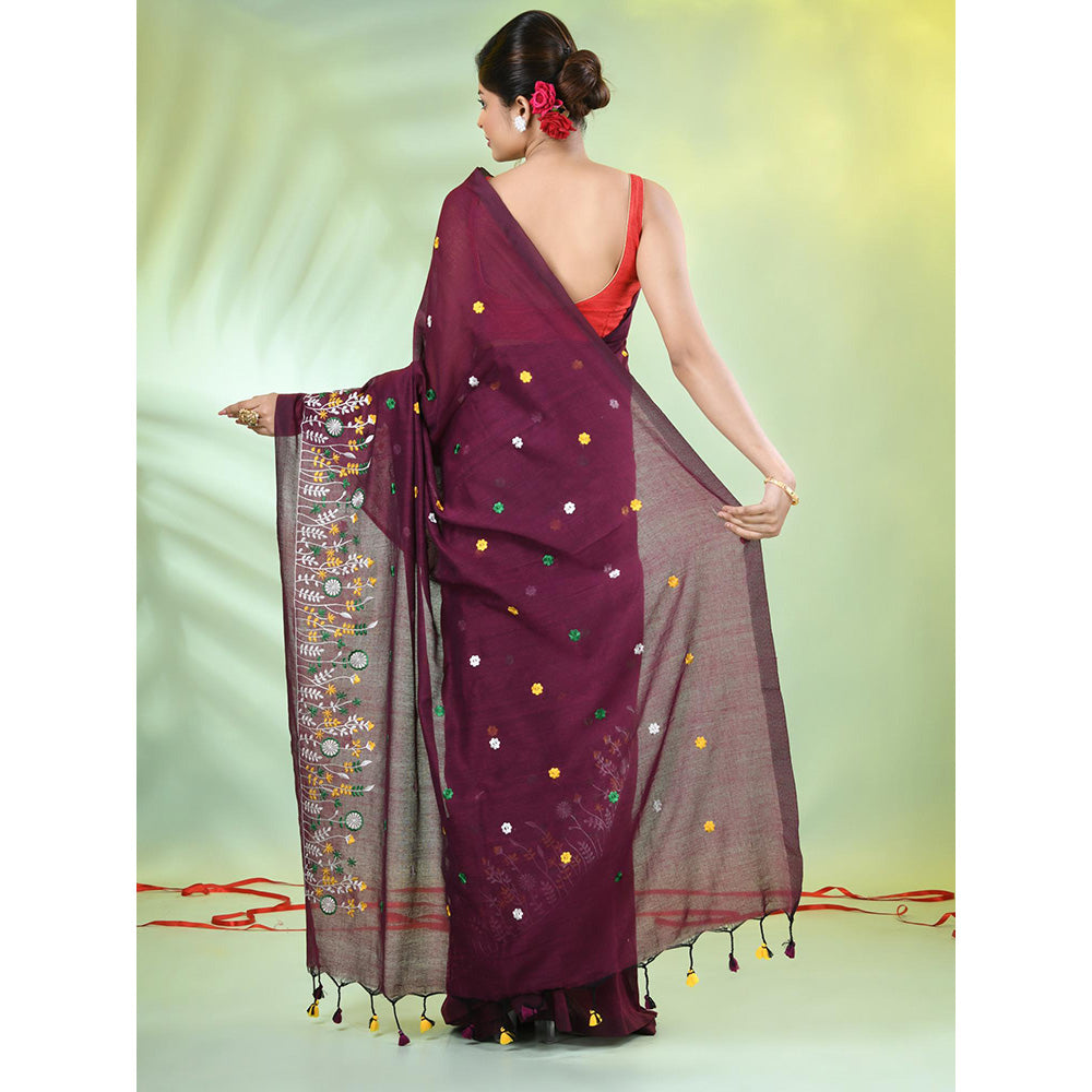 CHARUKRITI Burny Burgundy Floral Embroidery Cotton Saree with Unstitched Blouse