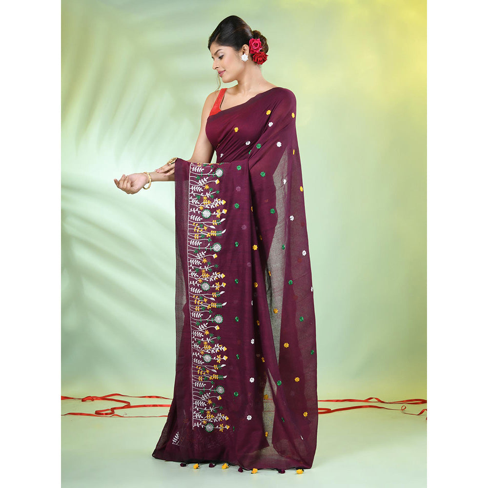 CHARUKRITI Burny Burgundy Floral Embroidery Cotton Saree with Unstitched Blouse