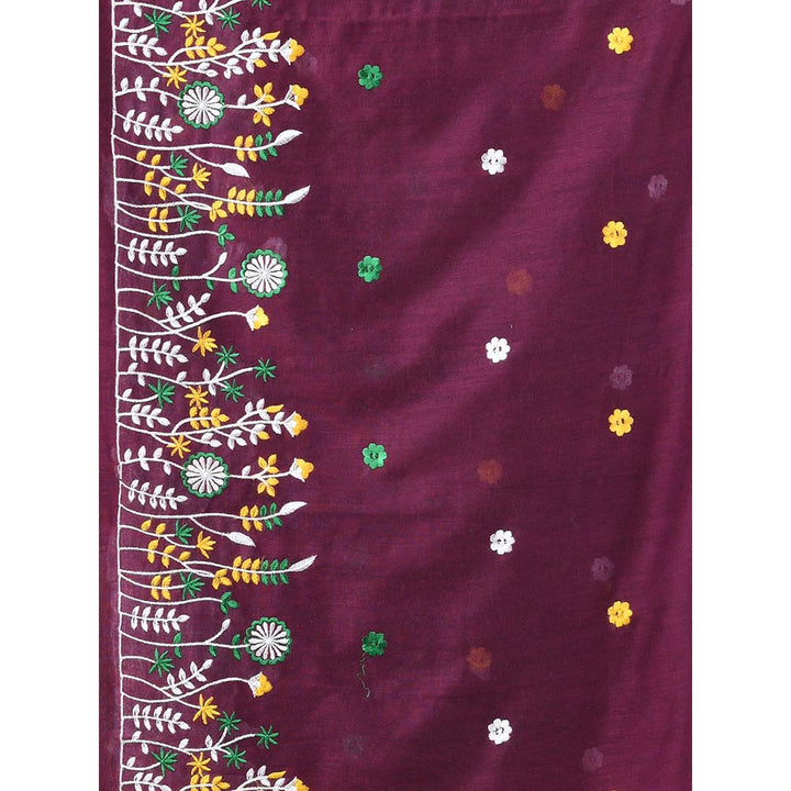 CHARUKRITI Burny Burgundy Floral Embroidery Cotton Saree with Unstitched Blouse