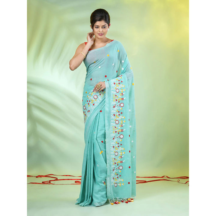 CHARUKRITI Sea Green Floral Embroidery Cotton Saree with Unstitched Blouse