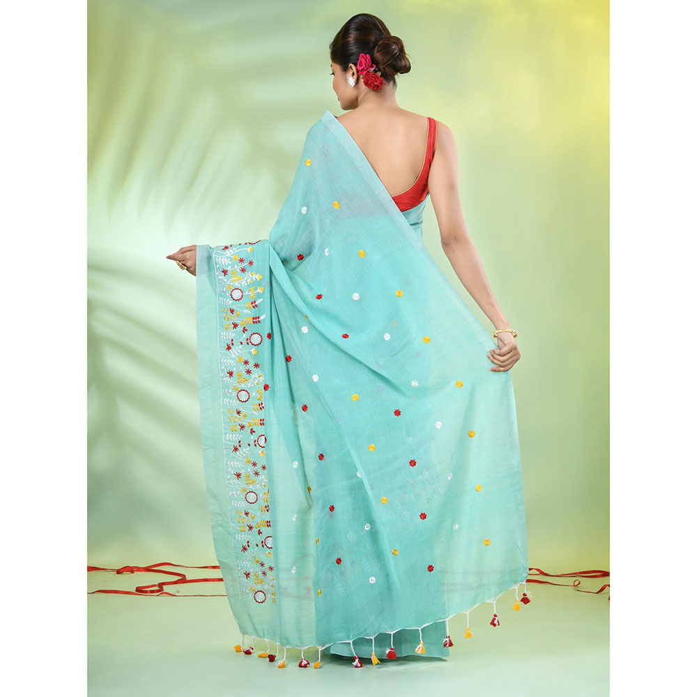 CHARUKRITI Sea Green Floral Embroidery Cotton Saree with Unstitched Blouse