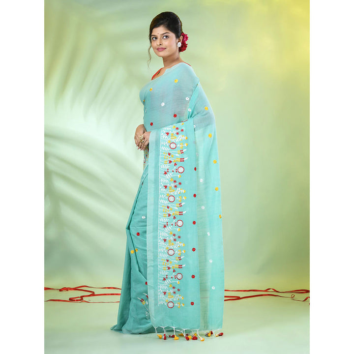 CHARUKRITI Sea Green Floral Embroidery Cotton Saree with Unstitched Blouse