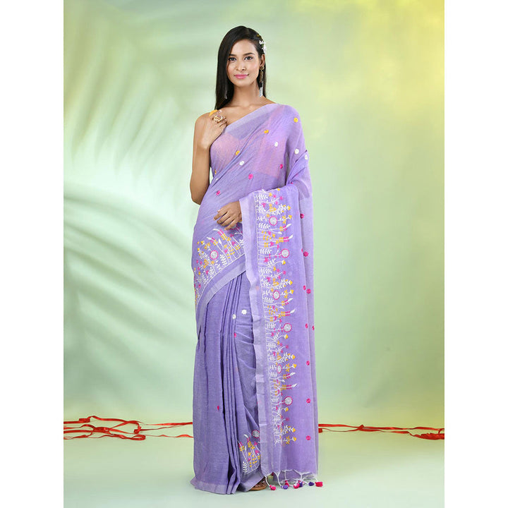 CHARUKRITI Lavender Floral Embroidery Cotton Saree with Unstitched Blouse