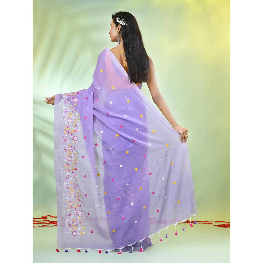 CHARUKRITI Lavender Floral Embroidery Cotton Saree with Unstitched Blouse