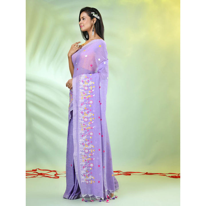 CHARUKRITI Lavender Floral Embroidery Cotton Saree with Unstitched Blouse