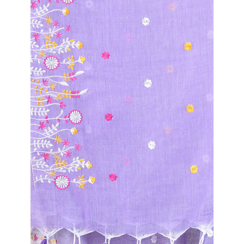 CHARUKRITI Lavender Floral Embroidery Cotton Saree with Unstitched Blouse