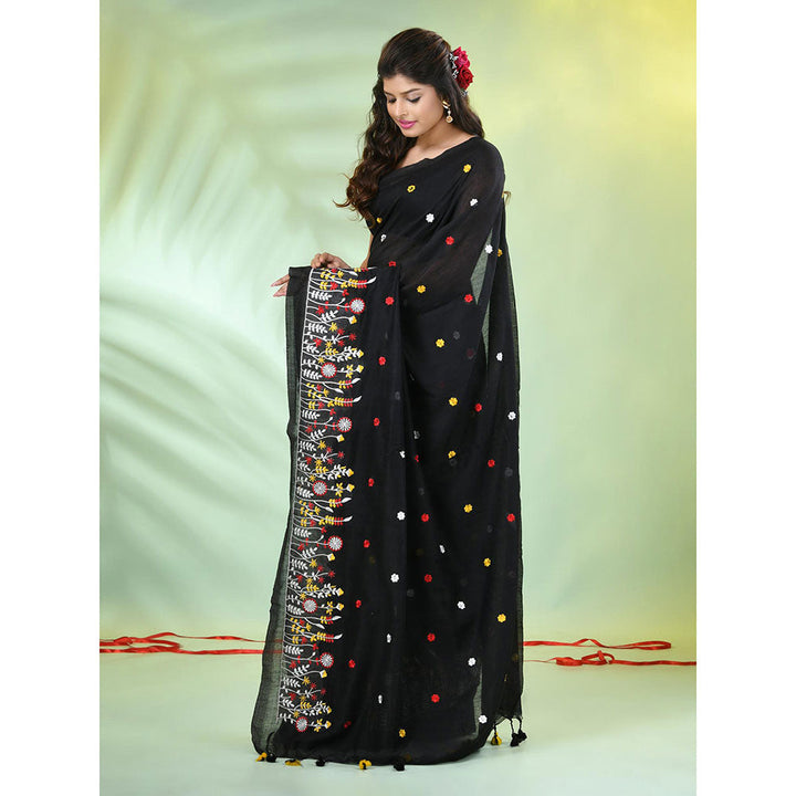 CHARUKRITI Black Floral Embroidery Cotton Saree with Unstitched Blouse