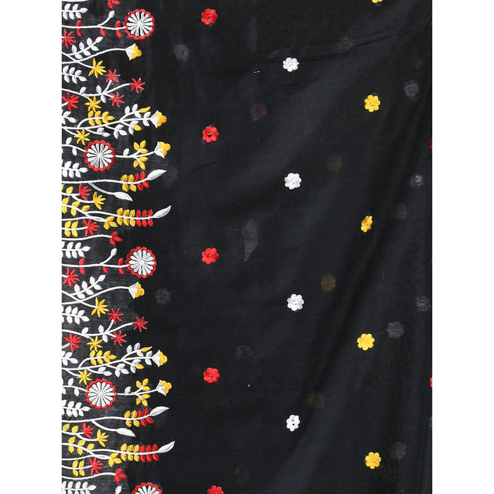 CHARUKRITI Black Floral Embroidery Cotton Saree with Unstitched Blouse